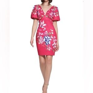 Size 16 Guess- Pink floral hourglass dress with  v-neck and puff sleeves.Size 16
